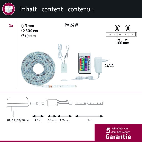 Inhalt einer LED-Lichtleiste mit Fernbedienung und Netzteil
