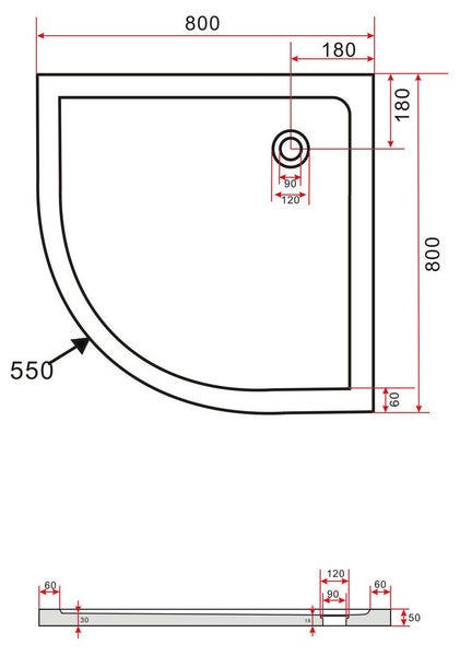 Technische Zeichnung einer Duschwanne mit Maßen