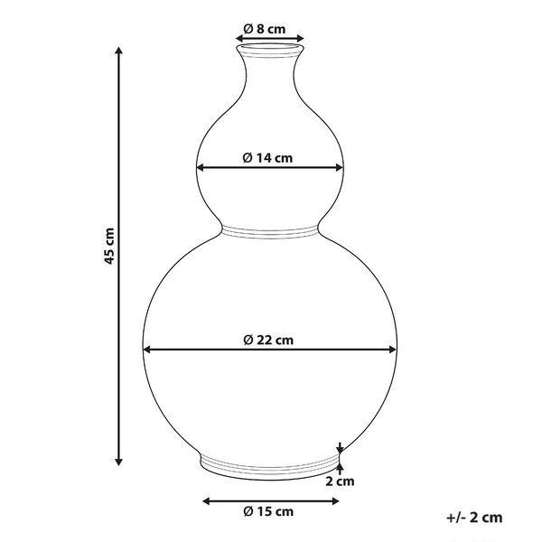 Skizze einer 45 Zentimeter hohen Vase mit einem Durchmesser von 8 Zentimetern oben, 14 Zentimetern in der Mitte und 22 Zentimetern unten