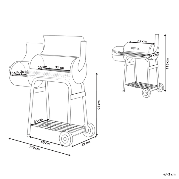 Maßzeichnung eines Smoker-Grills mit Angaben zu Breite 110 cm, Gesamthöhe 115 cm, Arbeitshöhe 95 cm und Grillflächenmaßen.