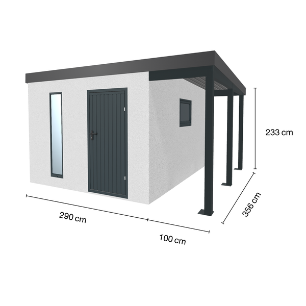 Ansicht eines Gartenhauses mit Abmessungen 290 mal 356 mal 233 Zentimeter