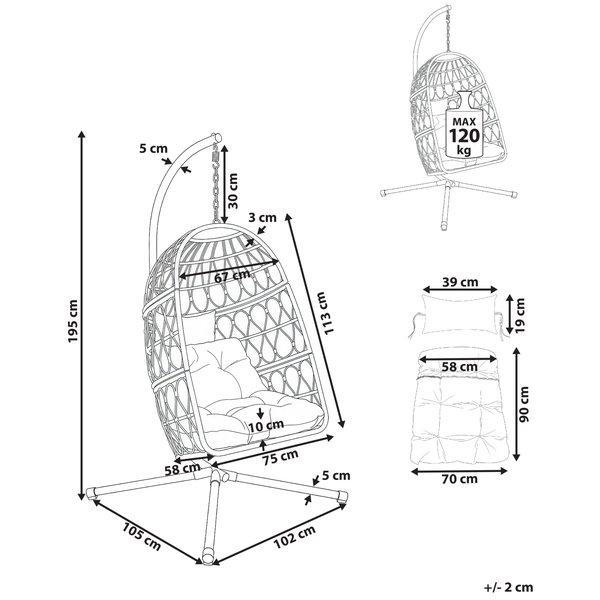 Maßzeichnung eines Hängesessels mit Gestell, Gesamthöhe 195 Zentimeter, maximale Belastbarkeit 120 Kilogramm, inklusive Kissenmaßen.