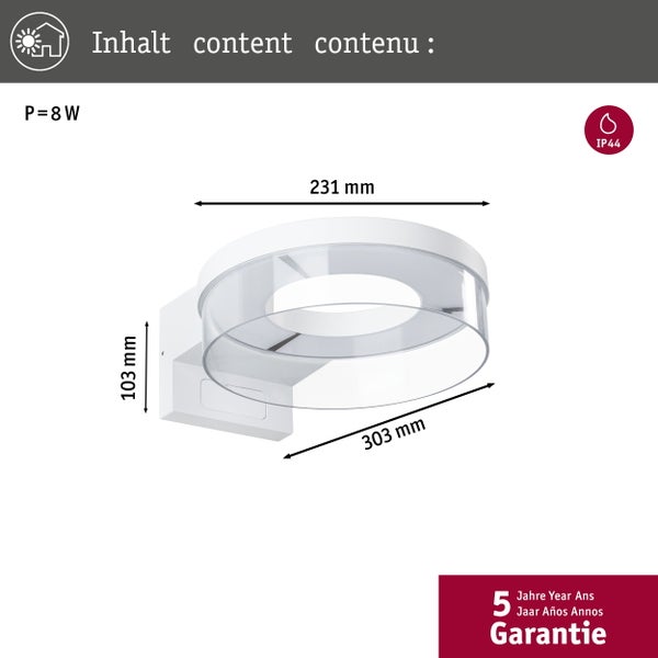 Abmessungen einer weißen Wandleuchte mit IP44 Schutzart und fünf Jahren Garantie