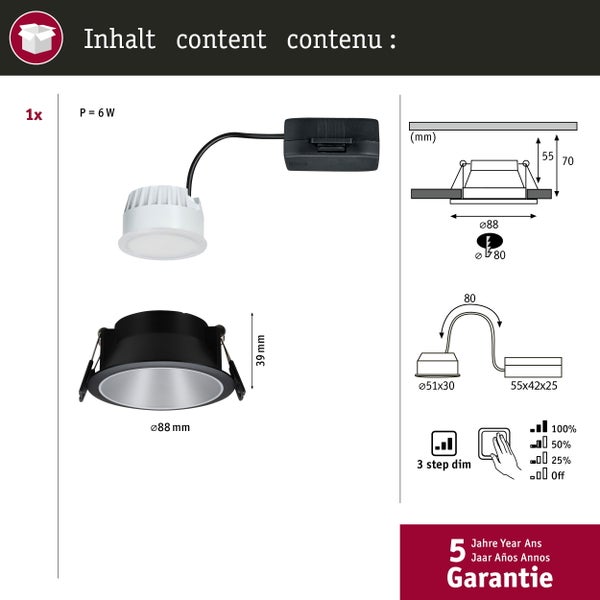 LED Einbauleuchte 3-Step-Dim Cole Coin 1er-Set IP44 rund 88mm Coin 6W 470lm 230V dimmbar 2700K Schwarz, Silber matt