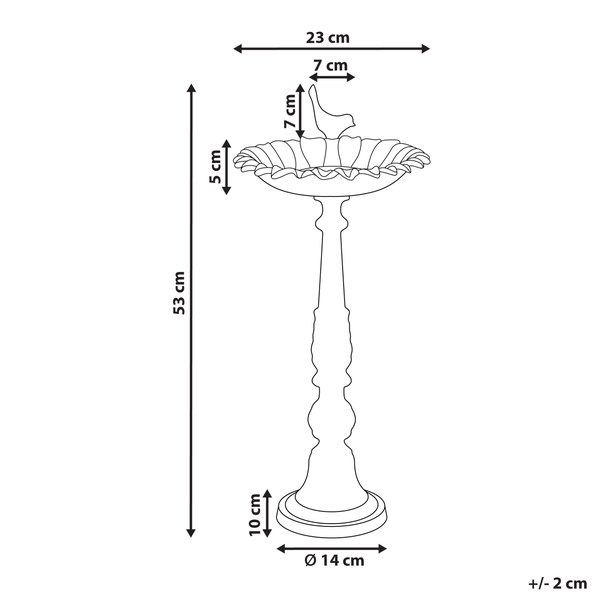 Abmessungen eines Vogelbades mit Vogel-Dekoration: 53 cm Höhe, 23 cm Breite und 14 cm Durchmesser