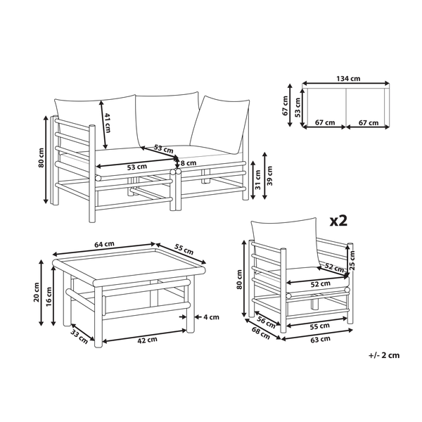 Maße einer zweiteiligen Gartenlounge mit Couchtisch und zwei Stühlen