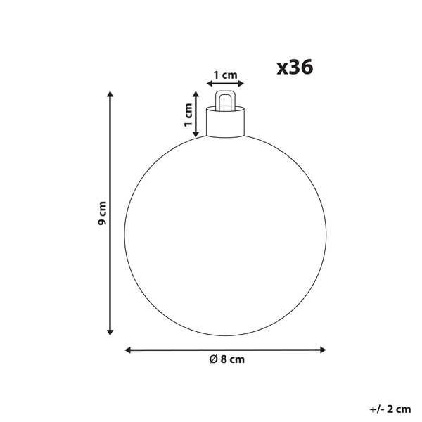 Illustration einer Weihnachtskugel mit Maßangaben: 9 cm Höhe und 8 cm Durchmesser. Verpackungseinheit: 36 Stück.
