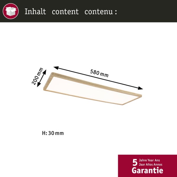 Abmessungen einer rechteckigen Deckenleuchte: 580 mm Länge, 200 mm Breite und 30 mm Höhe