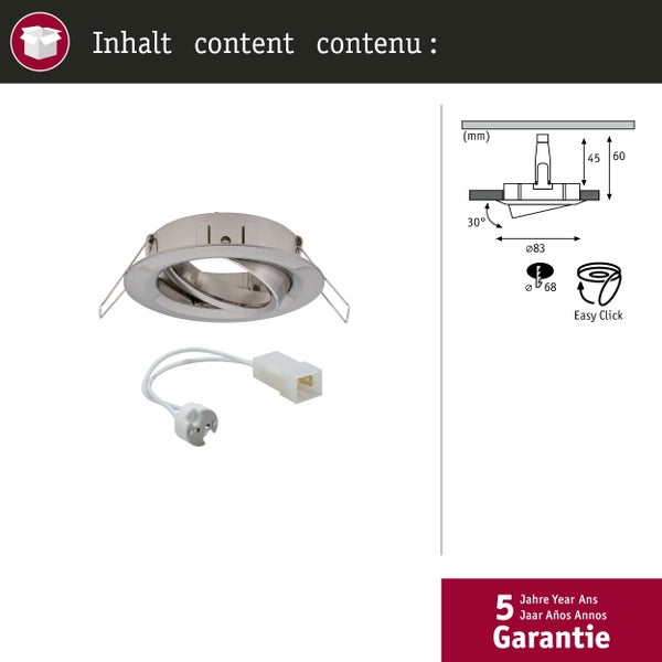 Deckeneinbaustrahler mit Leuchtmittelhalterung und schematischer Darstellung der Einbaumaße