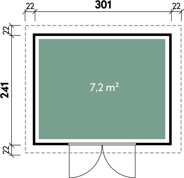 Grundrisszeichnung eines Gartenhauses mit den Außenmaßen 301 mal 241 Zentimeter und einer Grundfläche von 7,2 Quadratmetern.