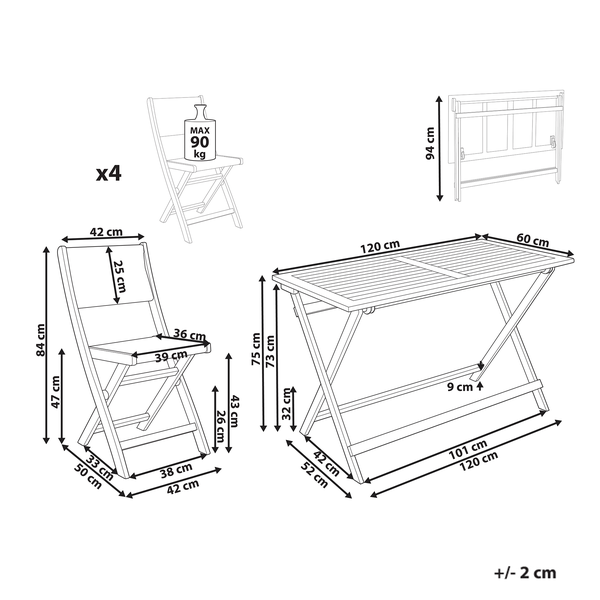 Gartenmöbel-Set bestehend aus einem klappbaren rechteckigen Holztisch und vier klappbaren Holzstühlen mit Seilbespannung.