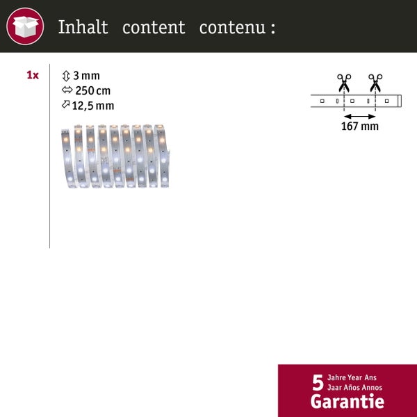 Abbildung eines LED-Streifens mit den Maßen drei mal zweihundertfünfzig mal zwölfeinhalb Millimeter und einer fünf Jahres Garantie