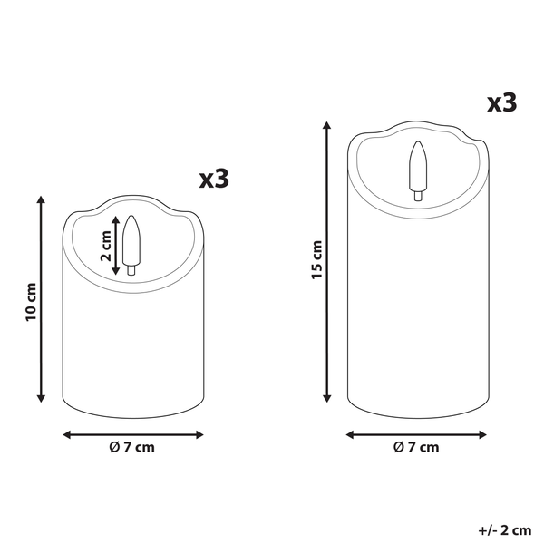 Abbildung von drei Kerzen in zwei Größen mit einem Durchmesser von sieben Zentimetern