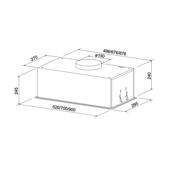 Technische Zeichnung einer Dunstabzugshaube mit Maßangaben in Millimeter: Breite 520 bis 900, Tiefe 295, Höhe 245, Rohrdurchmesser 150.