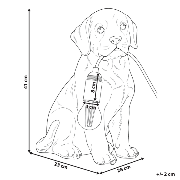 Maße Tischlampe Hund: Höhe 41 Zentimeter, Breite 28 Zentimeter, Tiefe 23 Zentimeter. Toleranz plus oder minus 2 Zentimeter.