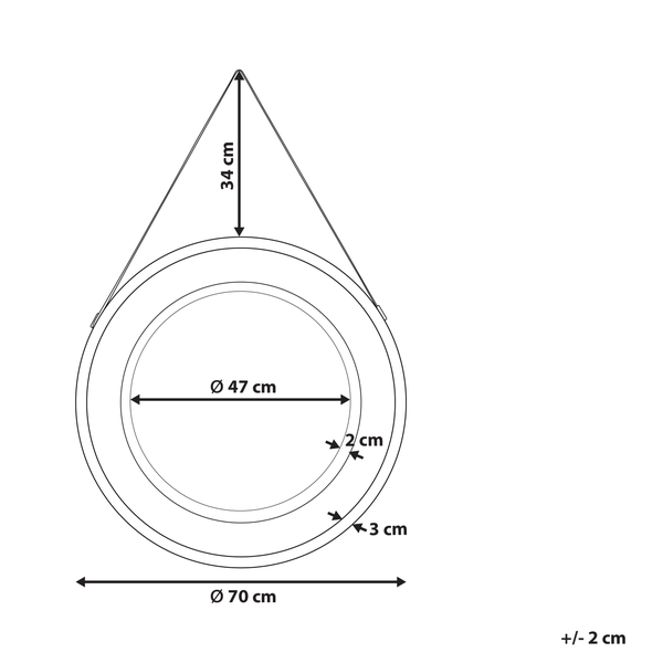 Zeichnung eines runden Spiegels mit den Maßen 70 cm Durchmesser, 47 cm Spiegelfläche und 34 cm Aufhängung