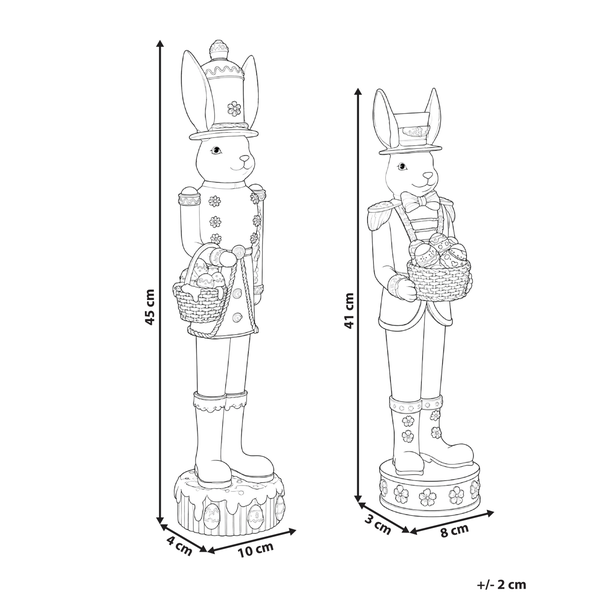 Zwei dekorative Osterhasen-Figuren im Nussknacker-Stil. Maße Figur eins: 45 mal 10 mal 4 Zentimeter. Maße Figur zwei: 41 mal 8 mal 3 Zentimeter.