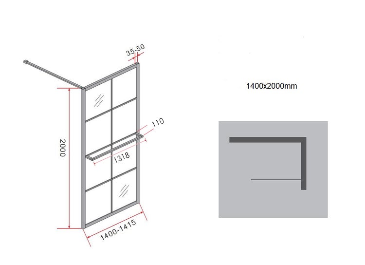 Technische Zeichnung einer Duschwand mit Handtuchhalter und Maßangaben.