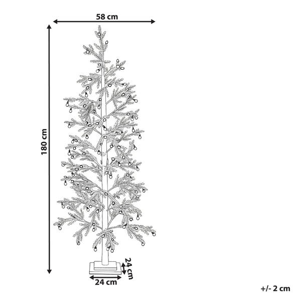 Abbildung eines künstlichen Tannenbaums mit den Maßen: Höhe 180 cm, Breite 58 cm, Sockel 24 cm.