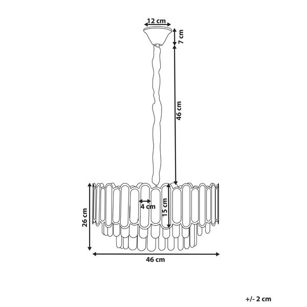 Technische Zeichnung einer Hängeleuchte mit den Maßen 46 cm Breite, 26 cm Höhe und 46 cm Abhängungslänge.