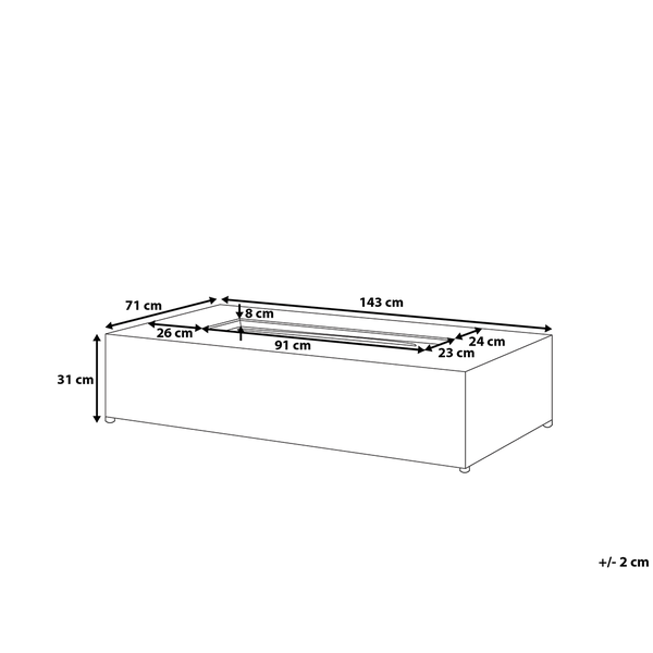 Maße für einen rechteckigen Feuertisch: 143 mal 71 mal 31 Zentimeter. Brenneröffnung: 91 mal 23 Zentimeter. Toleranz plus minus 2 Zentimeter.