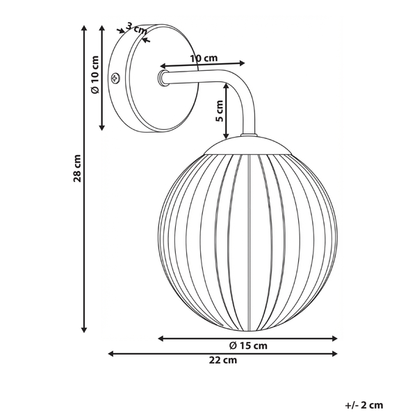 Technische Zeichnung einer Wandleuchte mit Kugelform und Maßangaben