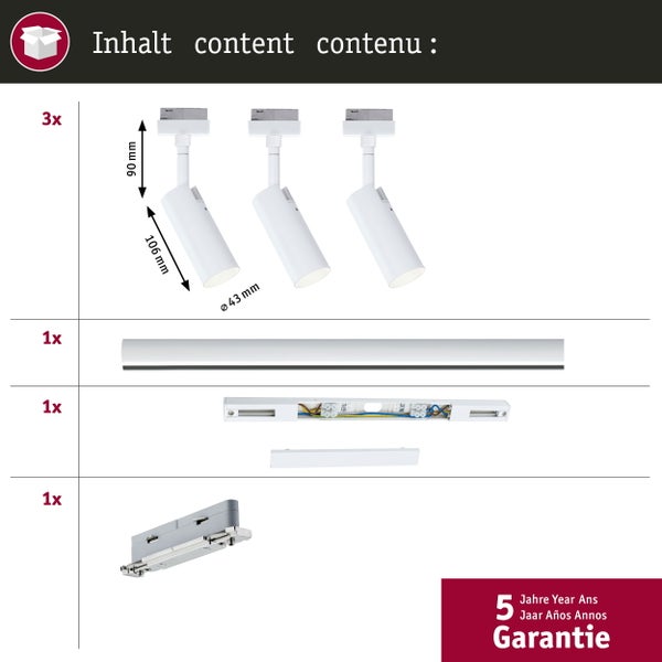 URail Schienenspot Tubo Starterset 3x150lm 3x4W 3000K dimmbar 230V Signalweiß