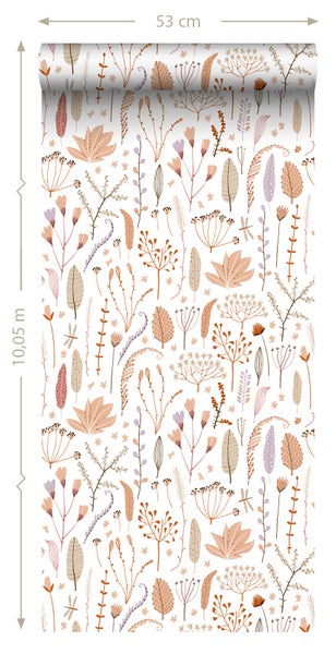ESTAhome Tapete Feldblumen Terrakotta, Lila, Beige und Weiß - 50 x 900 cm - 131162