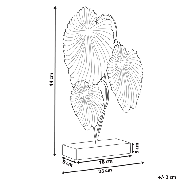 Abmessungen einer künstlichen Zimmerpflanze mit Blättern und rechteckigem Sockel