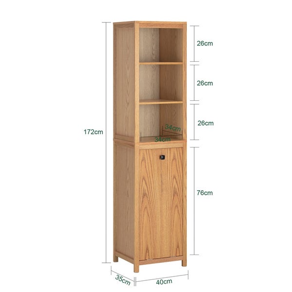 Hoher Badezimmerschrank aus Holz mit offenen Regalen und einer Tür sowie Größenangaben