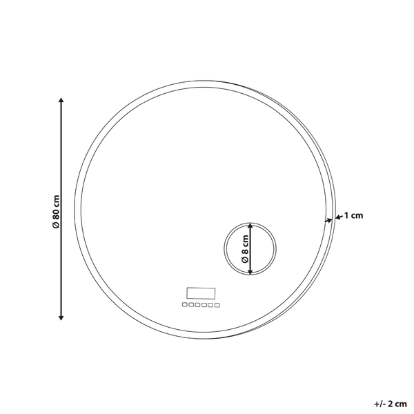 Technische Zeichnung eines runden Spiegels mit den Maßen 80 cm Durchmesser und 1 cm Dicke