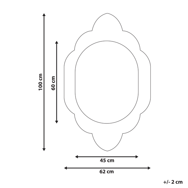 Technische Zeichnung eines Spiegels mit den Maßen 100 mal 62 Zentimeter