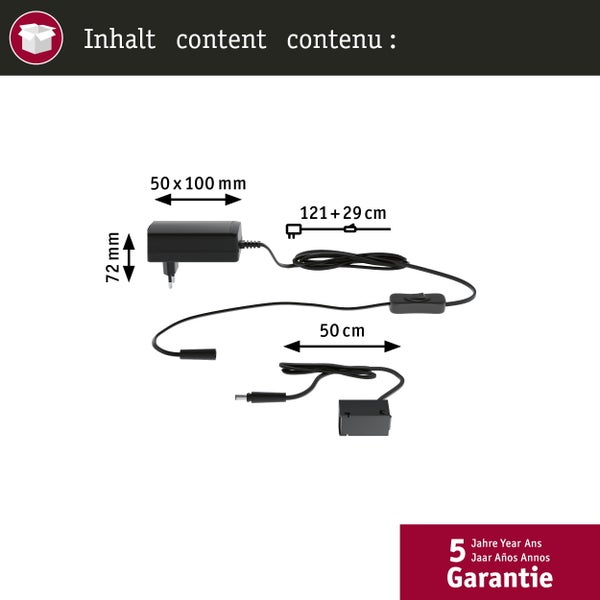 Abbildung eines Netzteils mit Kabel, Schalter und den Maßen 50 x 100 Millimeter, 72 Millimeter, 121 plus 29 Zentimeter und 50 Zentimeter