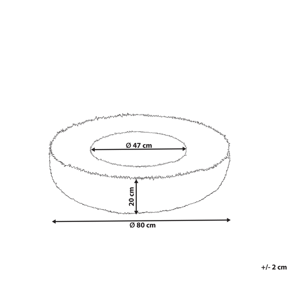 Skizze eines runden flauschigen Haustierbetts: Durchmesser 80 Zentimeter, innen 47 Zentimeter, Höhe 20 Zentimeter, plus minus 2 Zentimeter.
