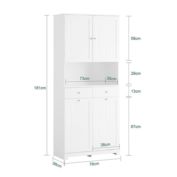Abbildung eines weißen Küchenschranks mit Regalböden und Schubladen sowie Maßangaben