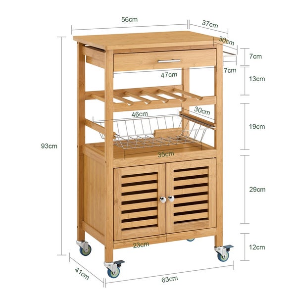 Servierwagen aus Holz mit Schublade, Flaschenregal, Drahtkorb, Schrank und Rollen mit Maßangaben