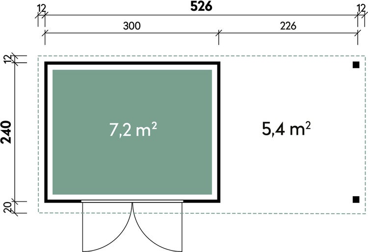 Maßskizze eines Gartenhauses mit Terrasse mit einer Gesamtgrundfläche von 12,6 Quadratmetern und detaillierten Bemaßungen in Zentimetern.