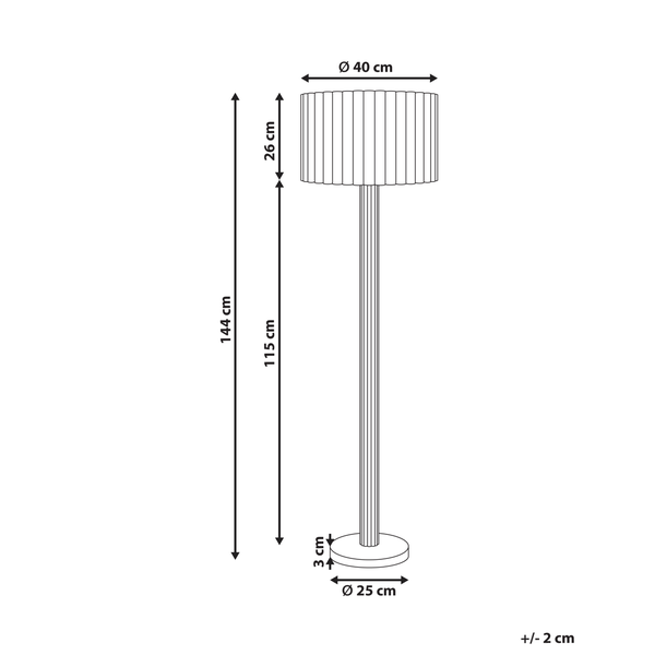 Abmessungen der Stehlampe: Gesamthöhe 144 cm, Lampenschirmdurchmesser 40 cm, Höhe des Lampenschirms 26 cm, Höhe bis zum Lampenschirm 115 cm, Durchmesser des Lampenfußes 25 cm, Höhe des Lampenfußes 3 cm.