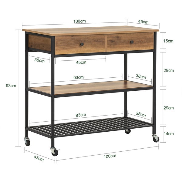 Servierwagen mit zwei Schubladen, einem Regal und Rollen; mit Maßangaben