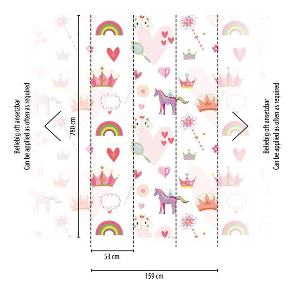 Tapetenmuster mit Motiven wie Einhorn, Krone und Regenbogen, Abmessungen: 280 cm x 159 cm