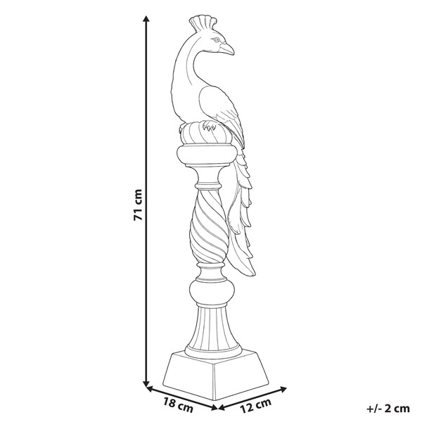 Skizze einer Pfau-Statue auf einer Säule mit Maßen: Höhe 71 Zentimeter, Breite 18 Zentimeter, Tiefe 12 Zentimeter.