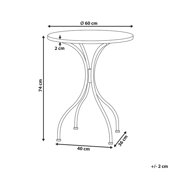 Maßzeichnung runder Bistrotisch: Durchmesser 60 Zentimeter, Höhe 74 Zentimeter, Tischplattenstärke 2 Zentimeter, Fußmaß 40 mal 36 Zentimeter.