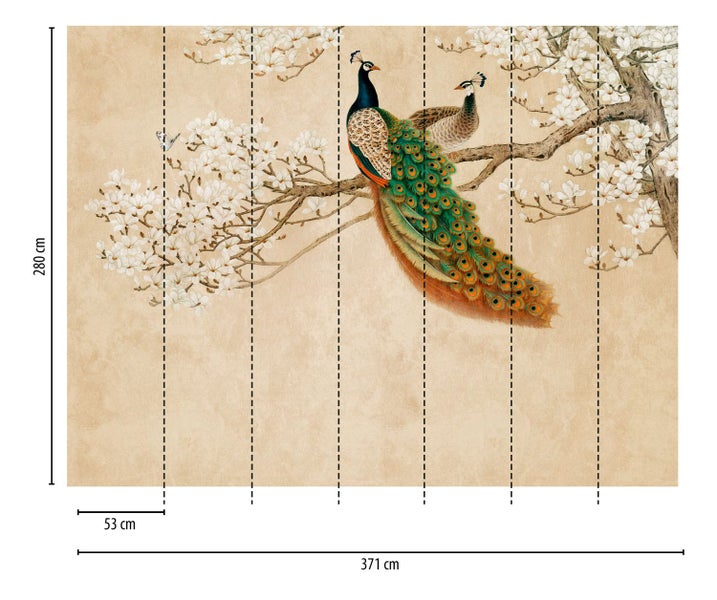 Fototapete mit Pfauenpaar auf blühendem Ast