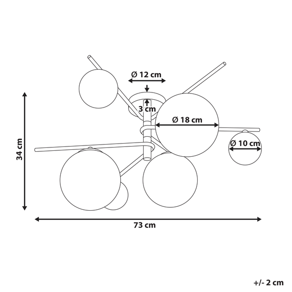 Technische Zeichnung einer Deckenleuchte mit den Maßen 34 cm Höhe und 73 cm Breite