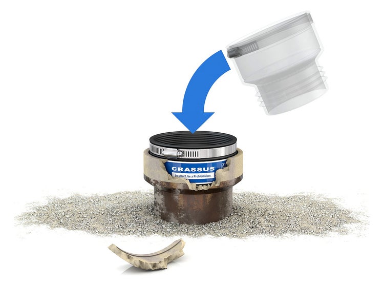 Illustration der Montage eines Crassus Innen-Adapters in ein beschädigtes Rohr auf Kiesbett mit blauem Richtungspfeil.