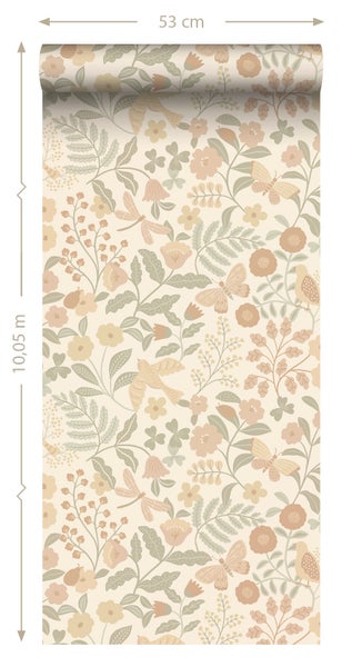 ESTAhome Tapete Blumen und Vögel Beige, Grün und Hellrosa - 53 cm x 10.05 m - 139867