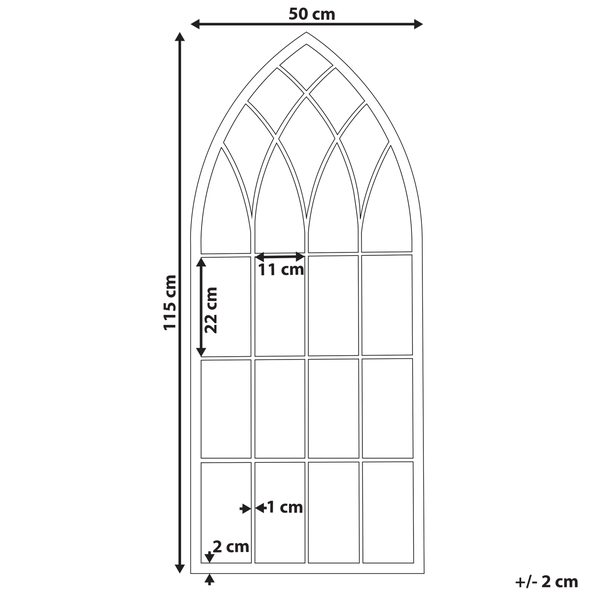 Abmessungen eines Dekofensters mit Bogen, 115 mal 50 Zentimeter