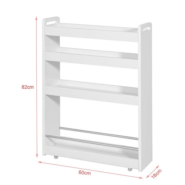 Weißes Regal mit vier Ebenen und Maßen von 82 cm Höhe, 60 cm Breite und 18 cm Tiefe.