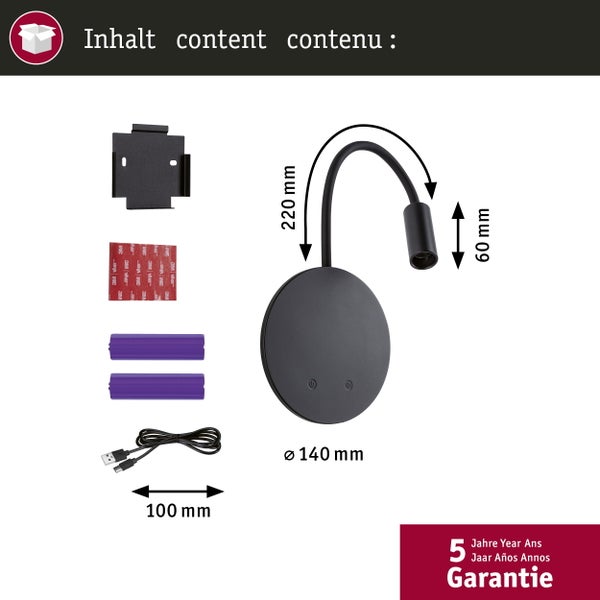 Inhalt einer Schreibtischleuchte mit Montagezubehör und USB-Kabel