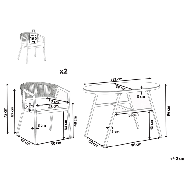Technische Zeichnung eines Gartentisches mit zwei Stühlen und Maßangaben